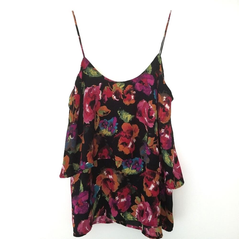 Paper Crane Black Floral Thin Spaghetti Strap Layered Top XS